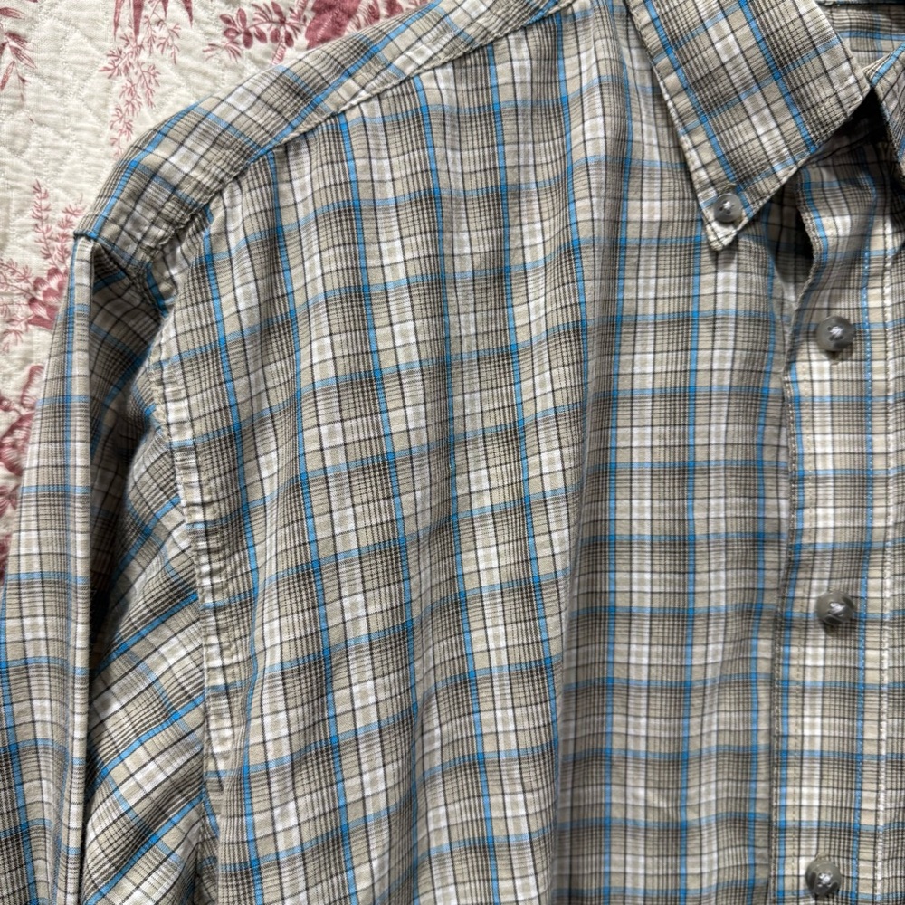 Wrangler Riata Plaid Button Down Shirt Tan Blue Size Medium - Picture 4 of 7